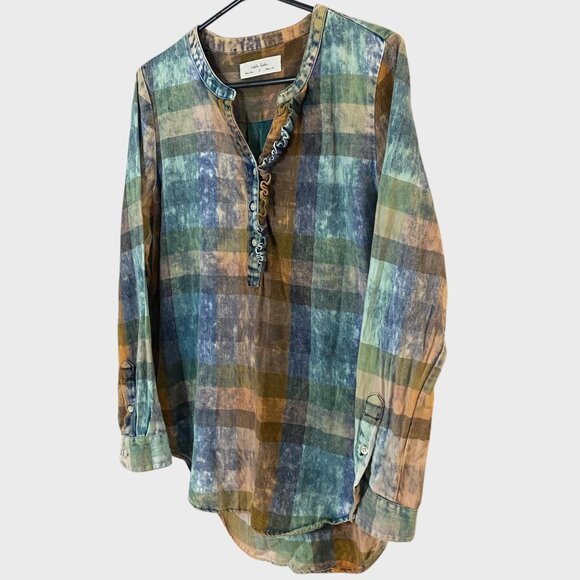 Anthropologie Ruffle Henley Top Women's Small Acid-Washed Tonal Check Tunic - Picture 2 of 11